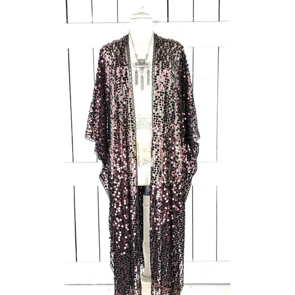 MAXI length brown black net sequin long kimono cover up jacket - Picture 4 of 5